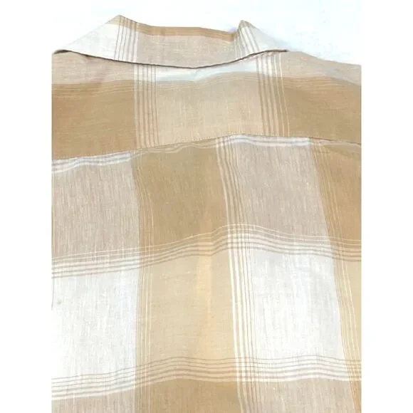 100% Linen Uomo plaid sand and beige open collar short sleeve shirt, XL - Picture 5 of 5